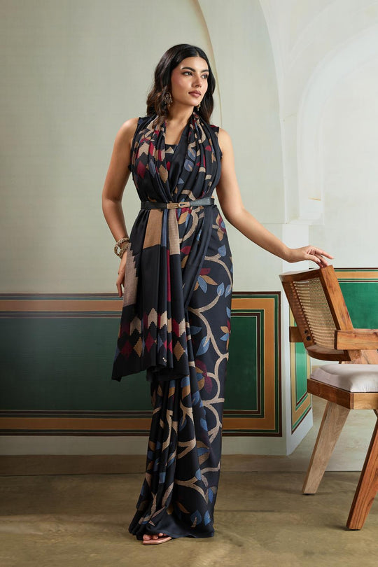 Aylani Black Modal Satin Ajrakh Print Ready to Wear Saree