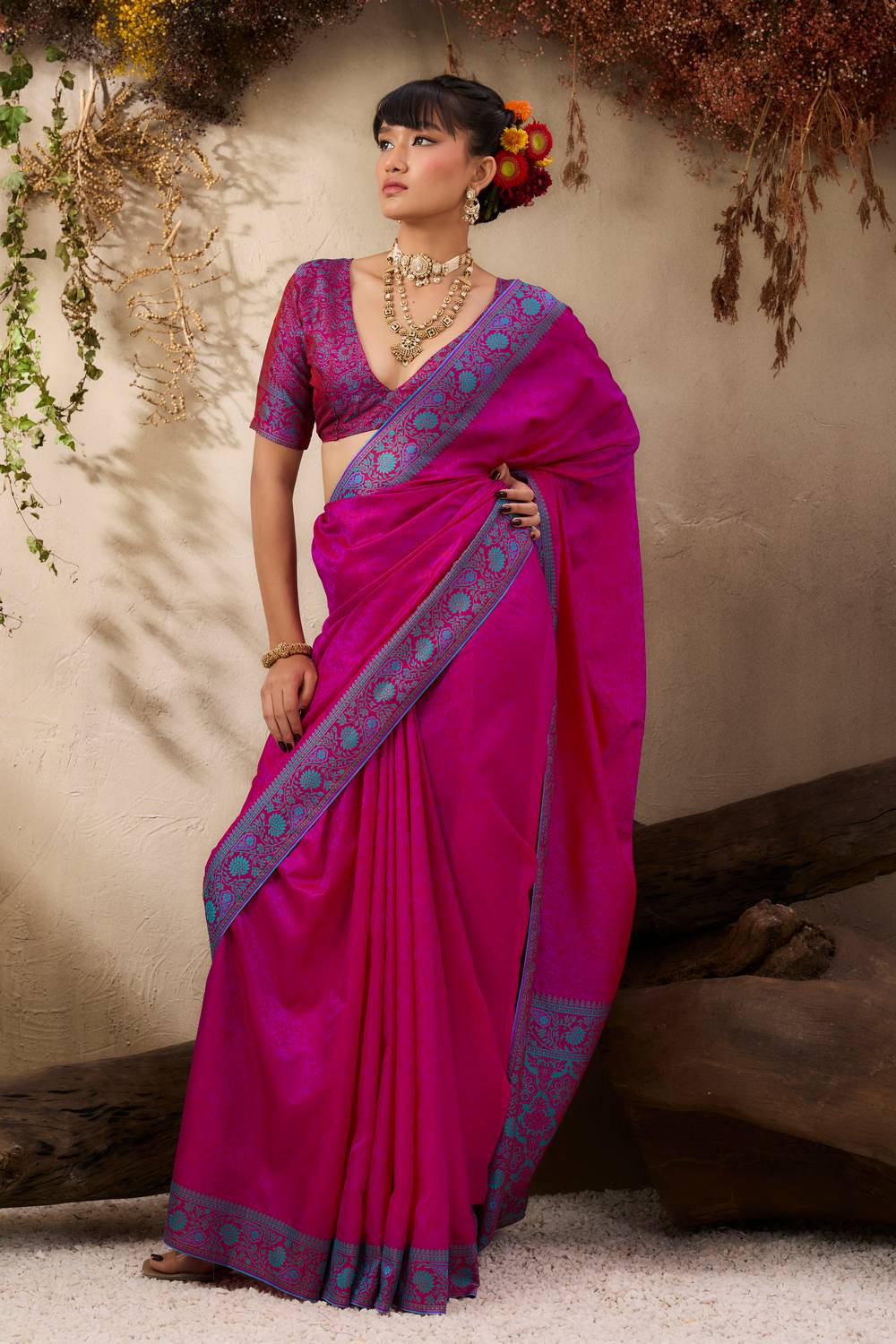 Jivana Magenta Pure Kanjivaram Weaving Silk Ready to Wear Saree