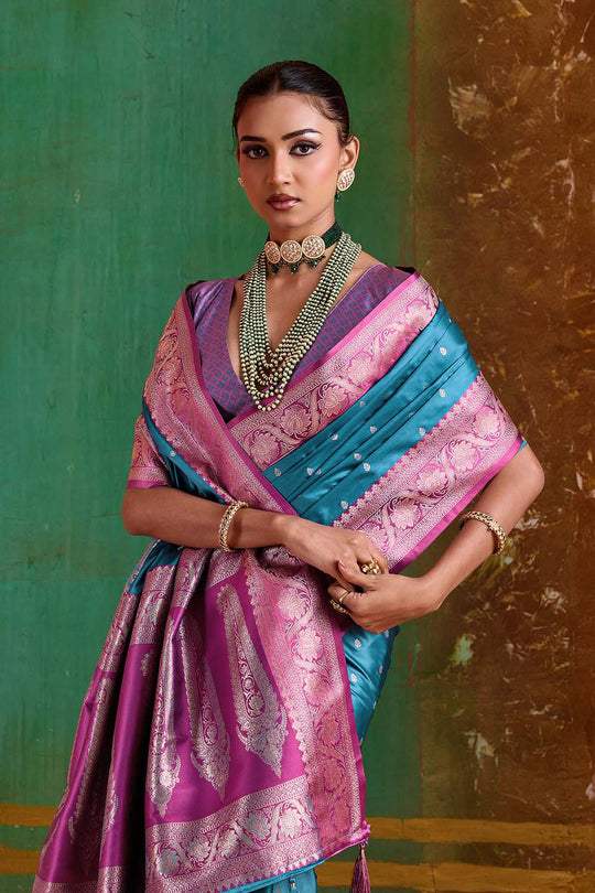 Julia Teal Satin Handloom Weaving Silk Ready to Wear Saree