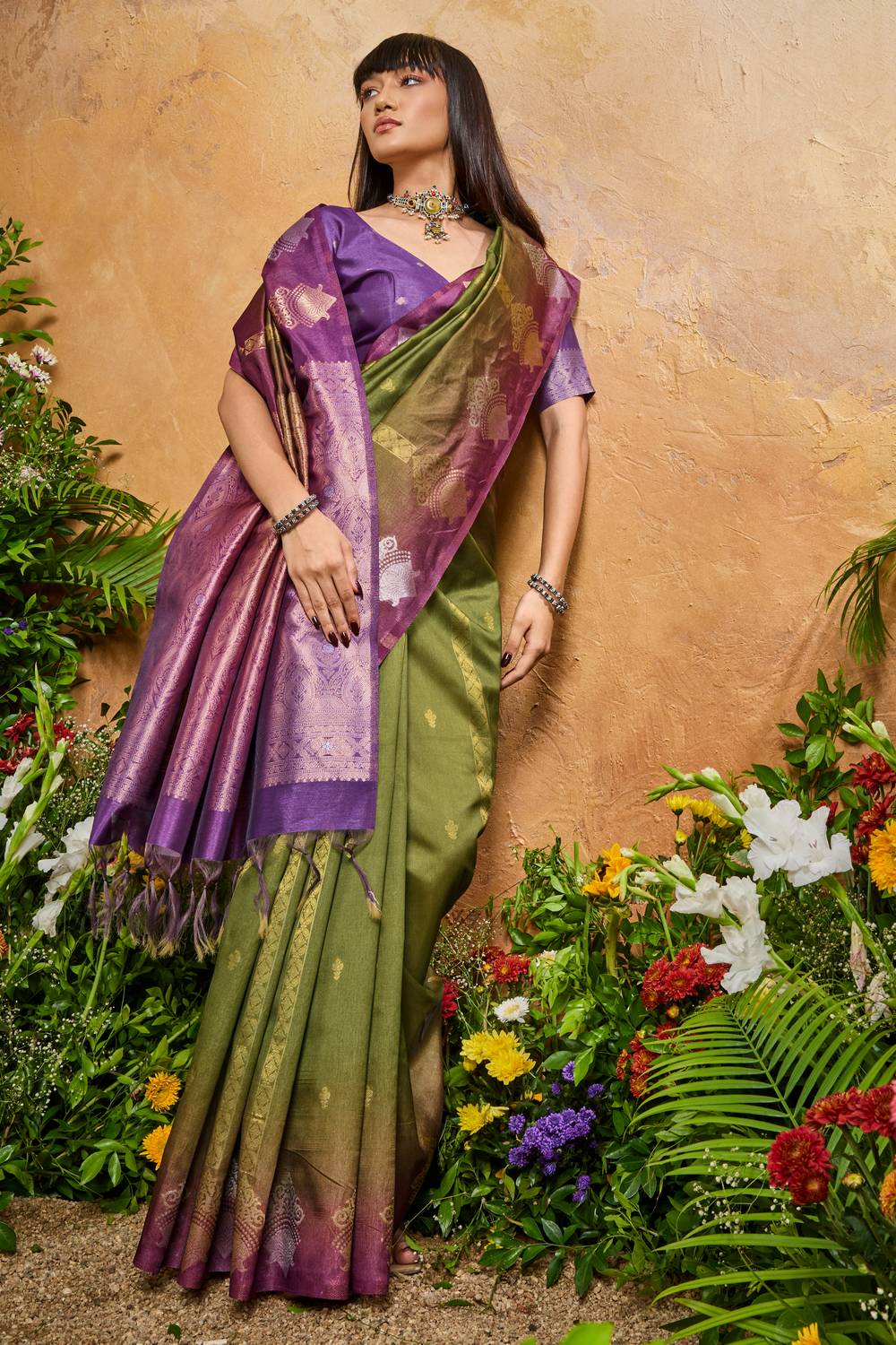 Suri Olive Green & Purple Paper Silk With Zari Work Ready to Wear One Minute Saree