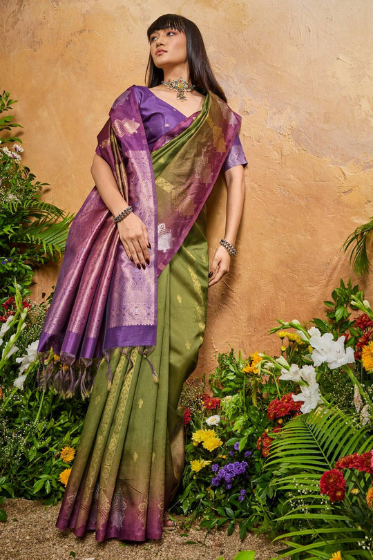 Suri Olive Green & Purple Paper Silk With Zari Work Ready to Wear One Minute Saree