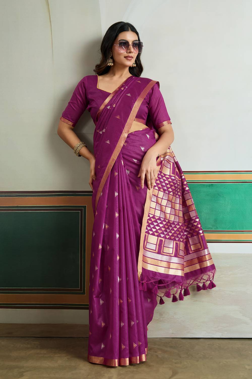 Usha Purple Tussar Silk Ikkat Handloom Weaving Ready to Wear Saree
