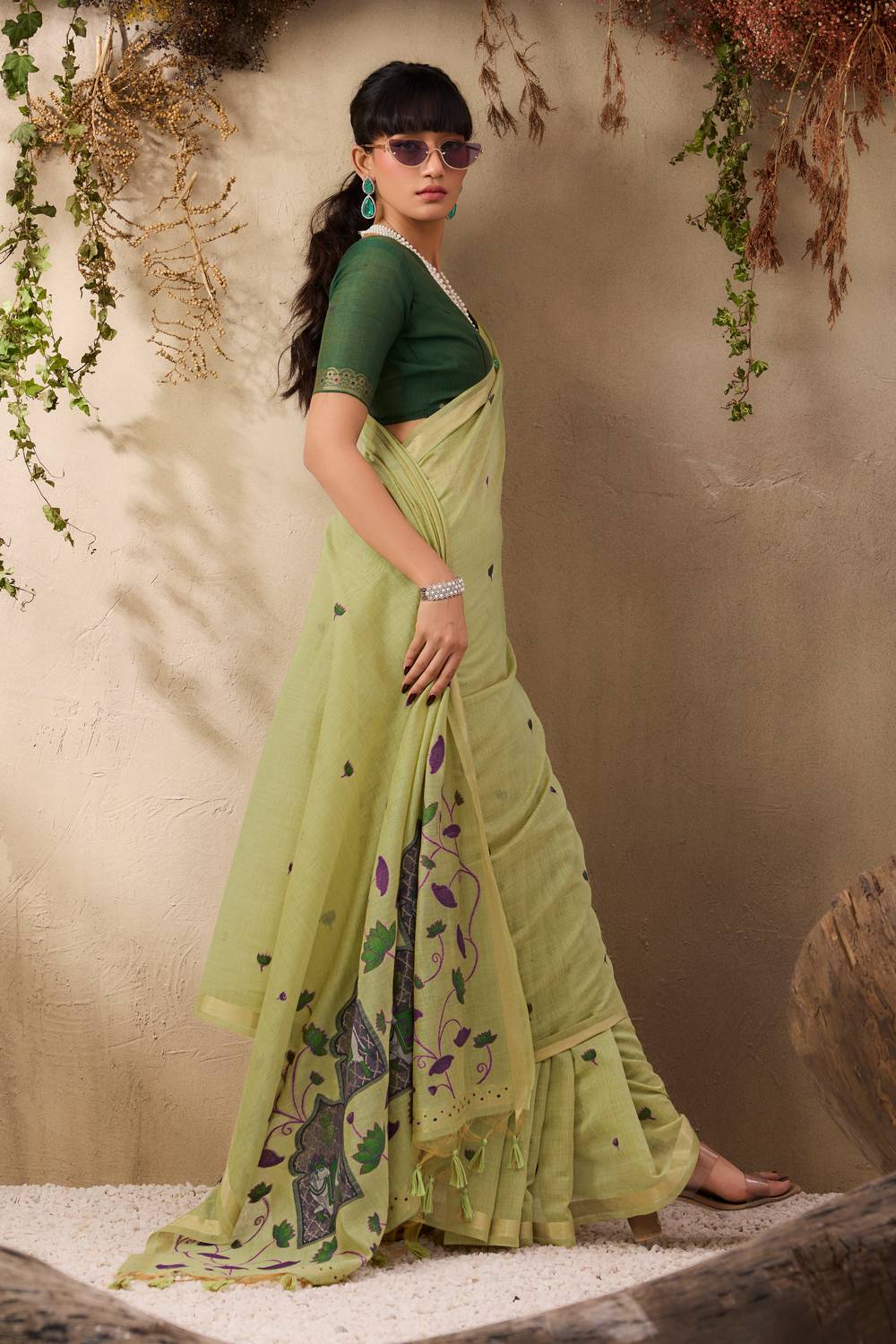 Sanja Pista Green Cotton Woven Ready to Wear Saree
