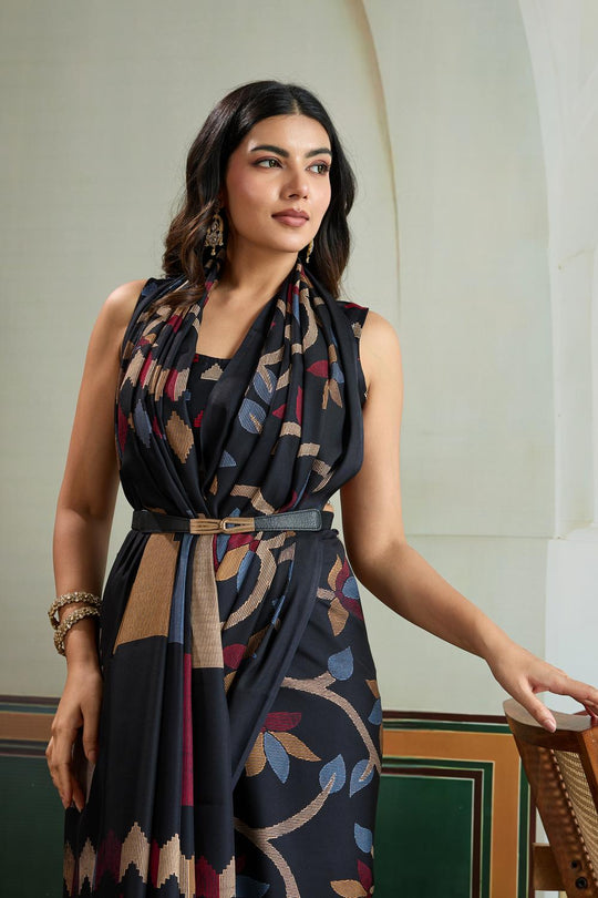 Aylani Black Modal Satin Ajrakh Print Ready to Wear Saree