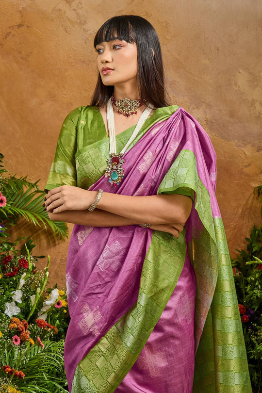 Flora Magenta Pink Paper Silk Handloom Woven Ready to Wear Saree