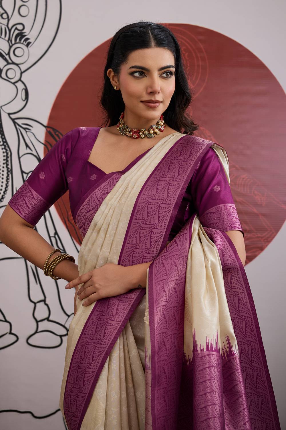 Mona Cream & Wine Purple Paper Silk Ready to Wear Saree
