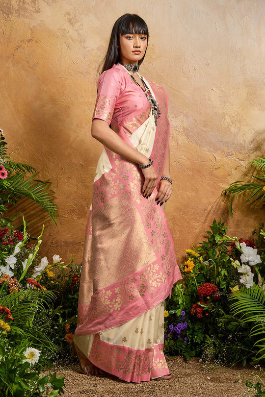 Roya Cream Pink Handloom Weaving Silk Ready to Wear Saree