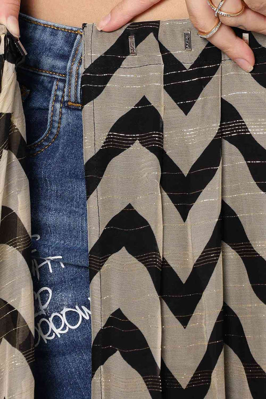 Maya Cream & Black Georgette Zigzag Ready to Wear One Minute Saree