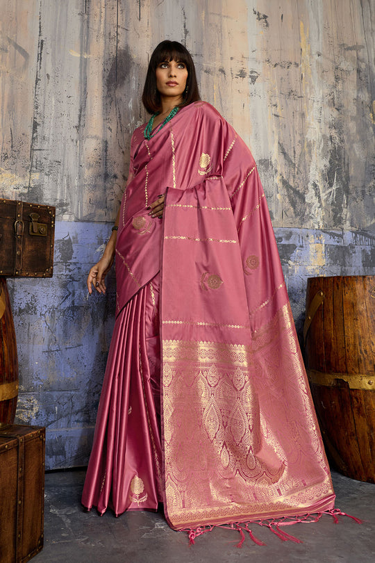 Iskra Rose Pink Pure Satin Handloom Weaving Ready to Wear Saree