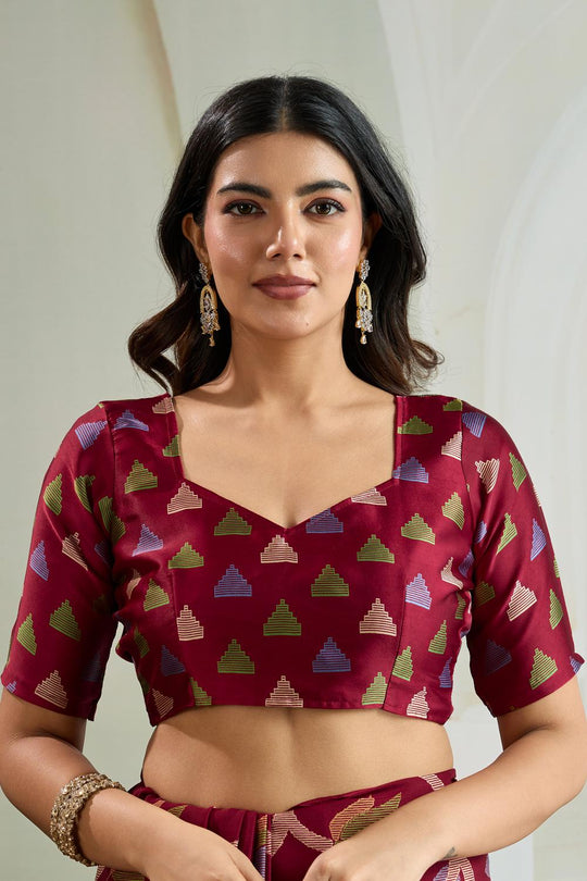 Aylani Maroon Modal Satin Ajrakh Print Ready to Wear Saree