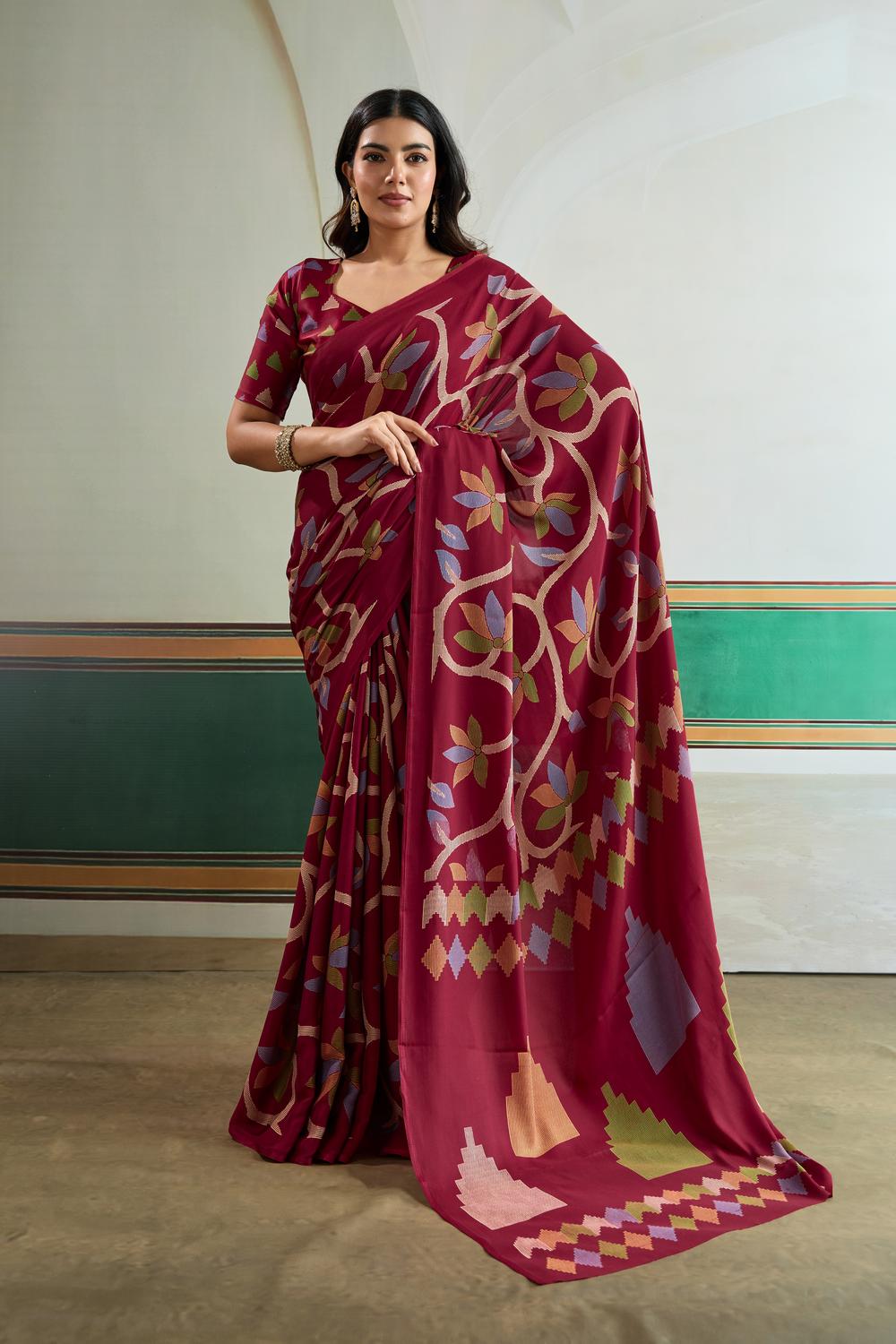 Aylani Maroon Modal Satin Ajrakh Print Ready to Wear Saree
