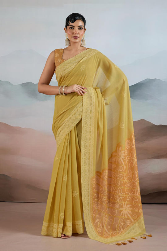 Neetu Mustard Yellow Pure Viscose Cotton Handloom Woven One Minute Saree