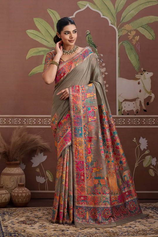 Misha Grey Modal Cotton Pashmina Woven Ready to Wear Saree