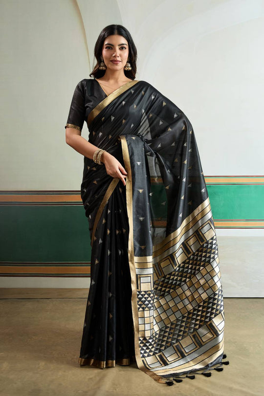 Usha Black Tussar Silk Ikkat Handloom Weaving Ready to Wear Saree