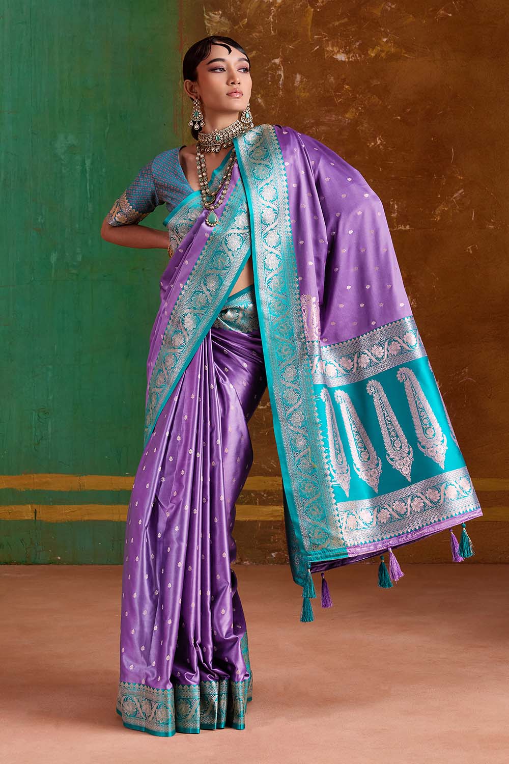Julia Purple  Satin Handloom Weaving Silk Ready to Wear Saree