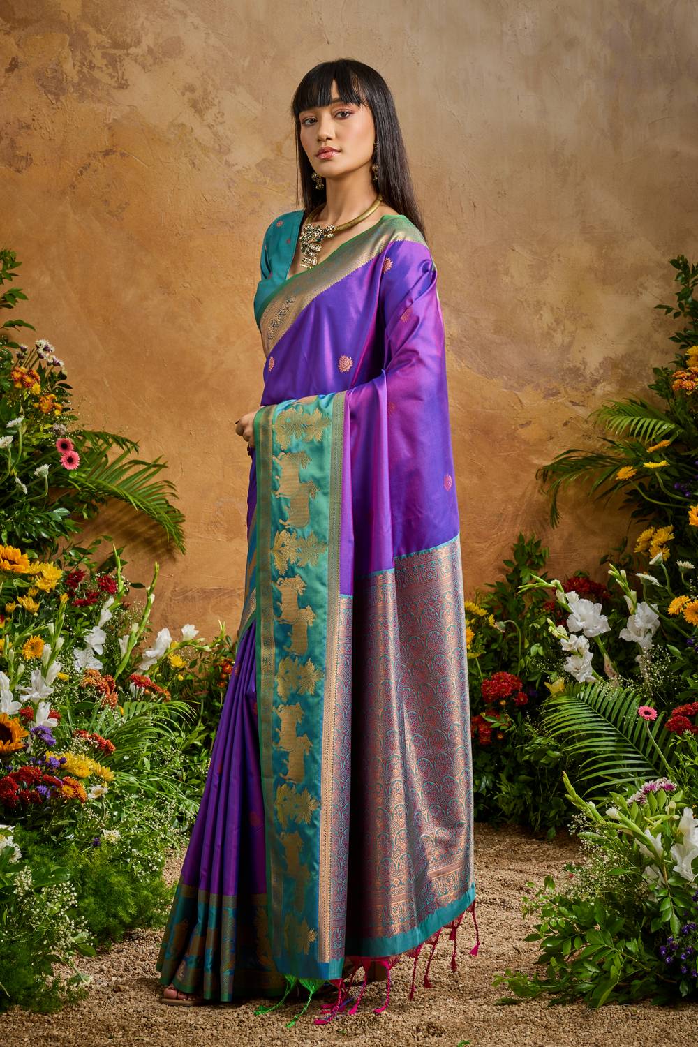 Reishi Purple Pure Silk Handloom Woven Ready to Wear Saree
