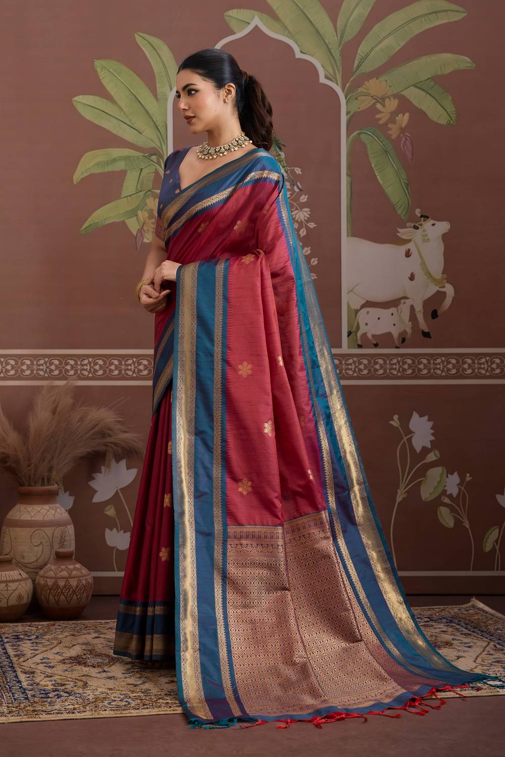Nima Maroon Silk Handloom Woven Ready to Wear Saree