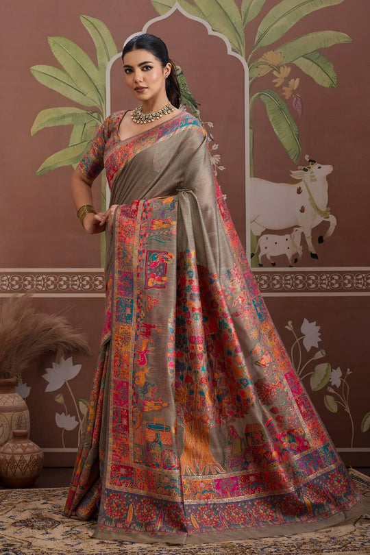 Misha Grey Modal Cotton Pashmina Woven Ready to Wear Saree