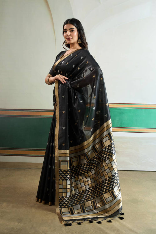Usha Black Tussar Silk Ikkat Handloom Weaving Ready to Wear Saree