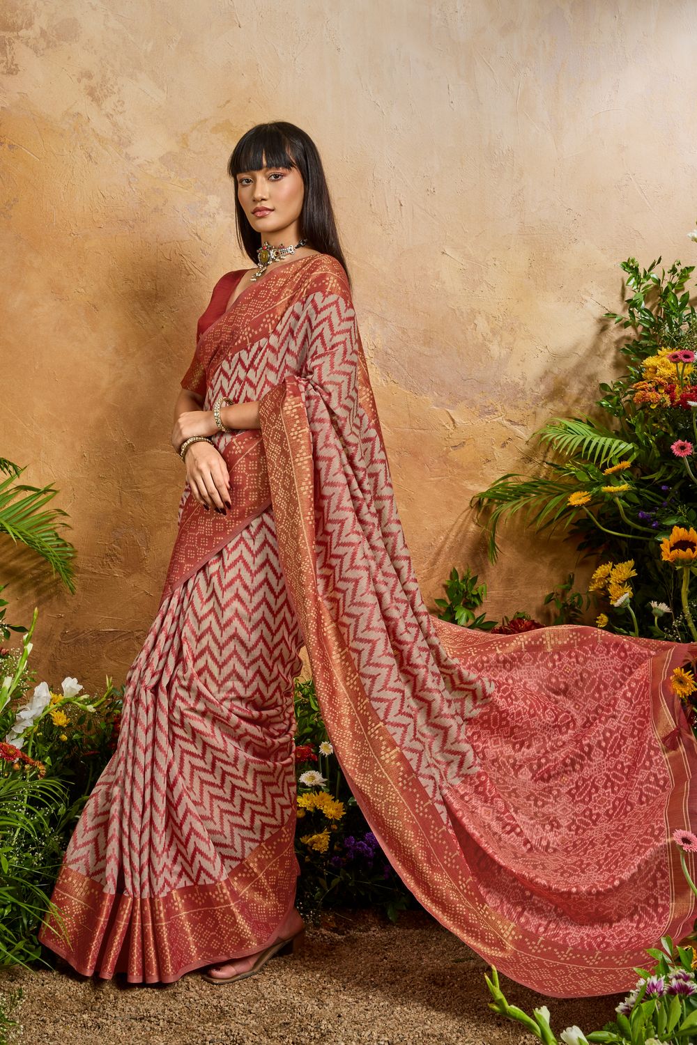 Helen Rust Red Viscose Cotton Handloom Woven Patola Ready to Wear Saree