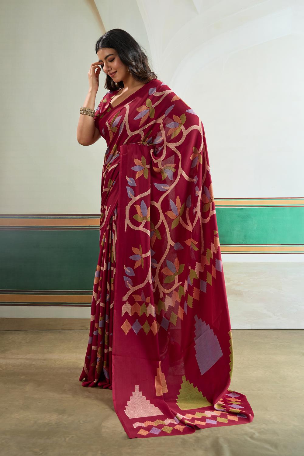 Aylani Maroon Modal Satin Ajrakh Print Ready to Wear Saree