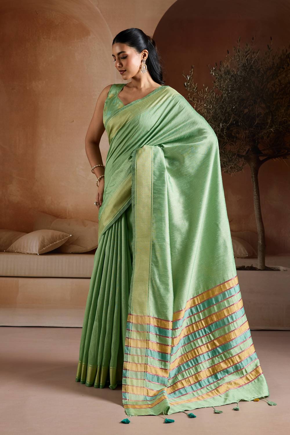 Prerna Sage Green Handwoven Pure Bhagalpuri Silk Ready to Wear Saree