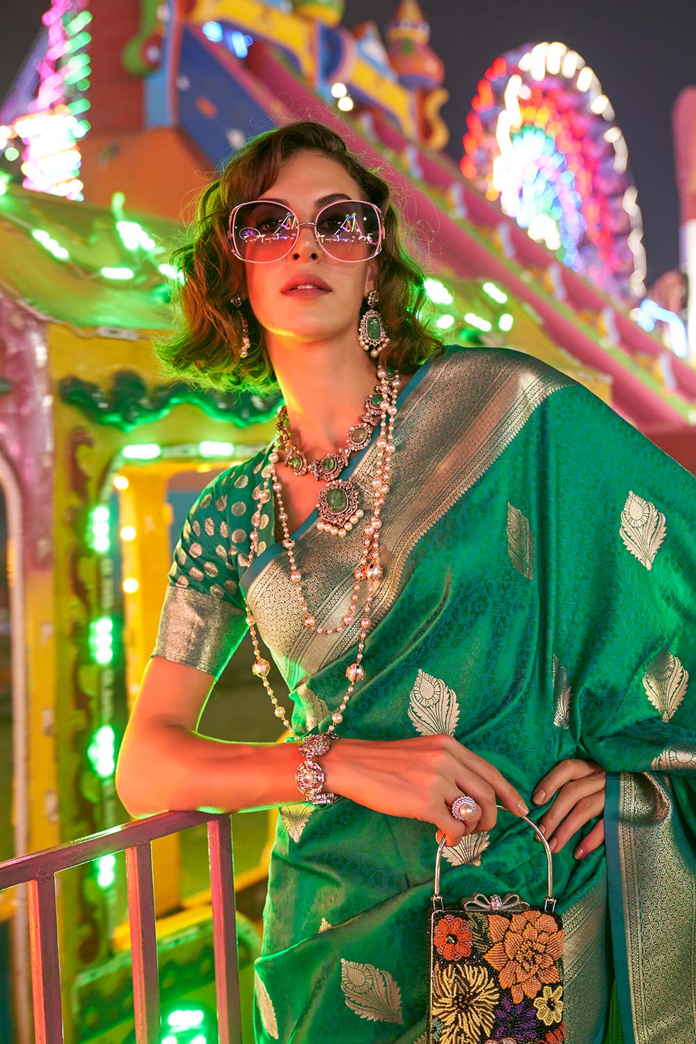 Cassie Emerald Green Handloom Weaving Silk Ready to Wear Saree