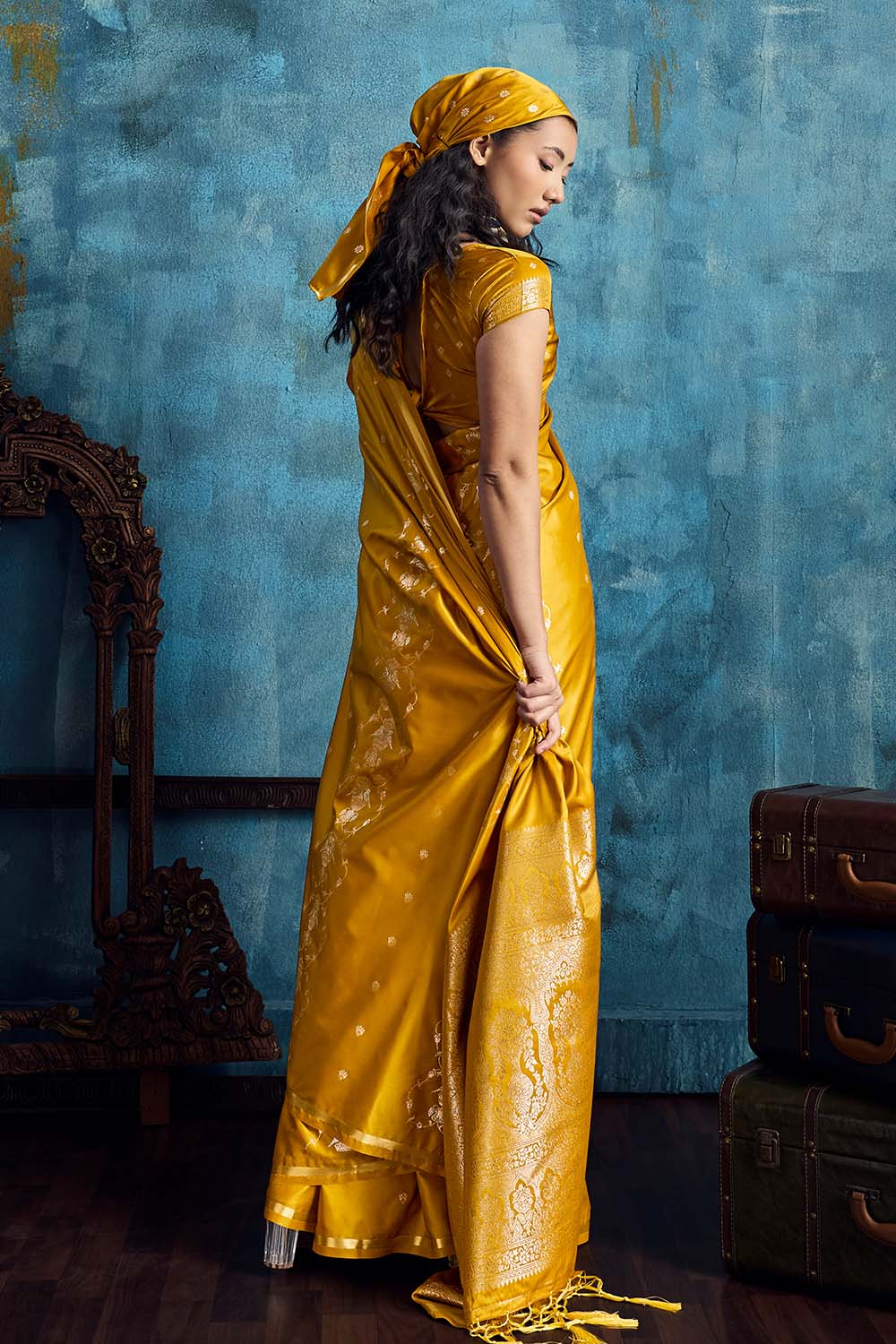Ghazal Mustard Yellow Pure Satin Handloom Weaving Ready to Wear Saree