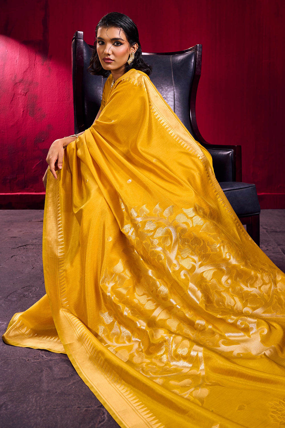 Nargis Mustard Yellow Satin Linen Handloom Weaving Silk Ready to Wear One Minute Saree
