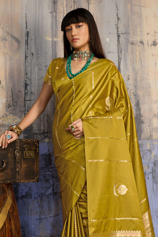 Iskra Mustard Yellow Pure Satin Handloom Weaving Ready to Wear Saree