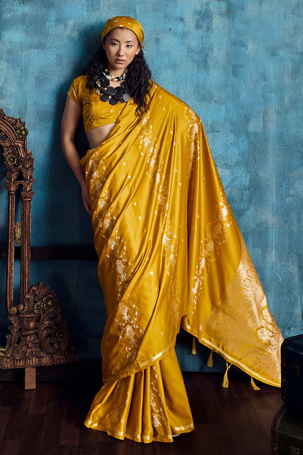 Ghazal Mustard Yellow Pure Satin Handloom Weaving Ready to Wear Saree