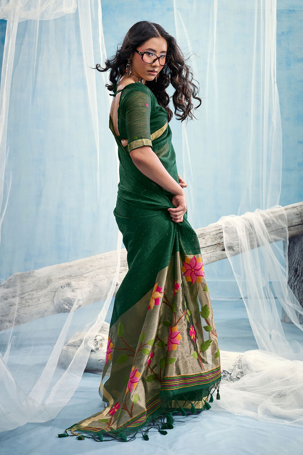 Sandhya Bottle Green Munga Silk Handloom Weaving Zari Work  Ready to Wear Saree