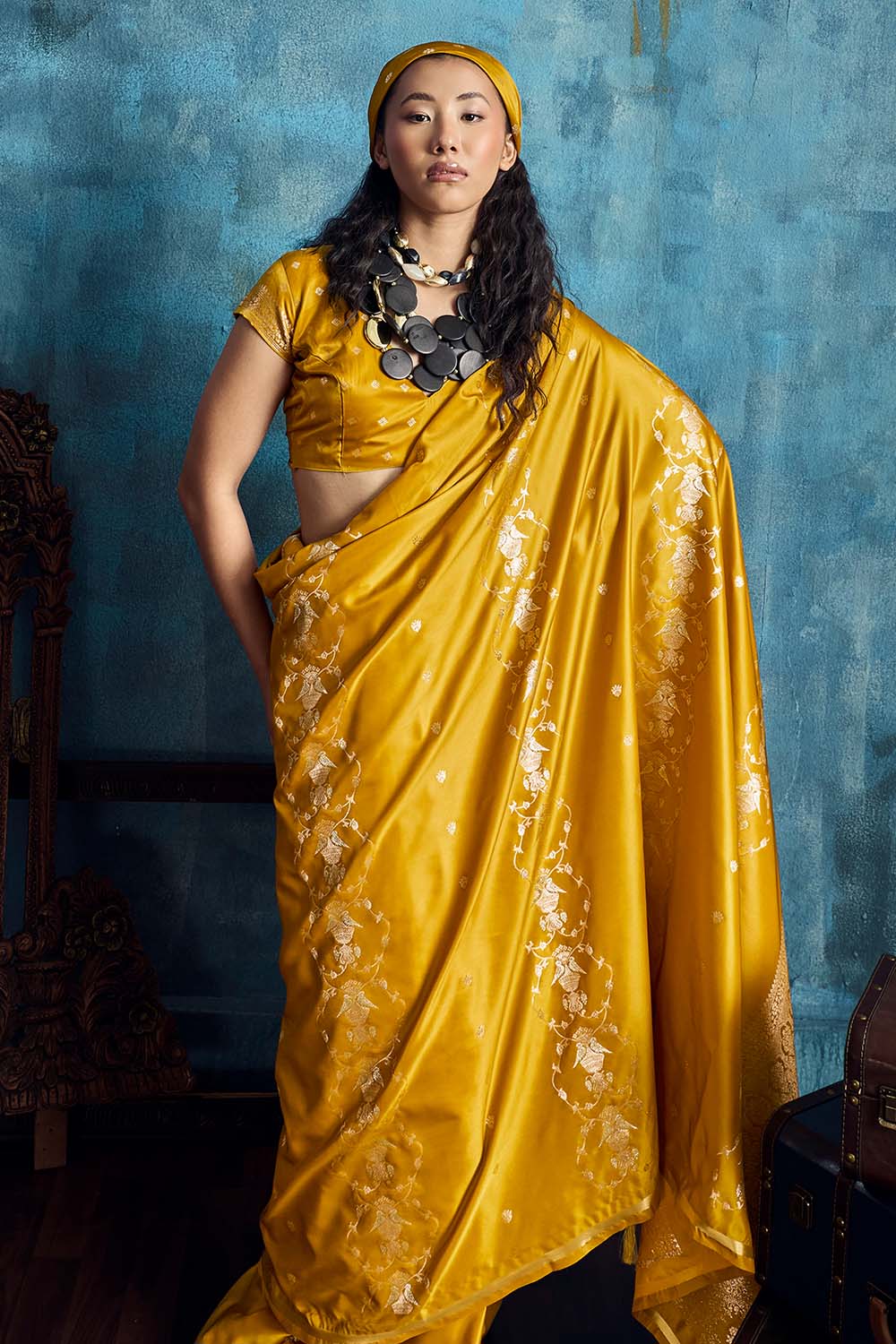 Ghazal Mustard Yellow Pure Satin Handloom Weaving Ready to Wear Saree
