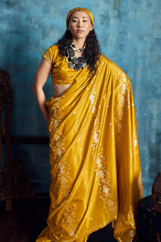 Ghazal Mustard Yellow Pure Satin Handloom Weaving Ready to Wear Saree