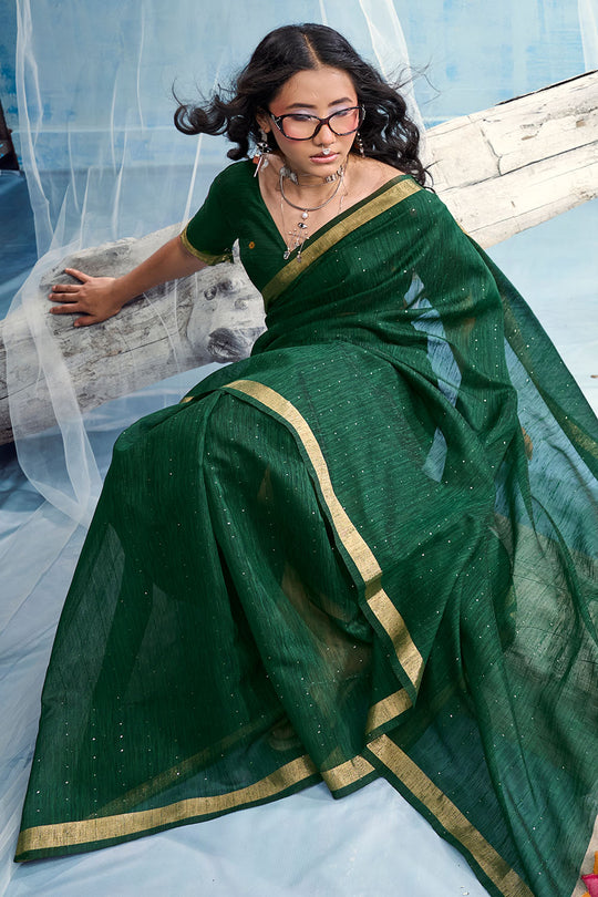 Sandhya Bottle Green Munga Silk Handloom Weaving Zari Work  Ready to Wear Saree