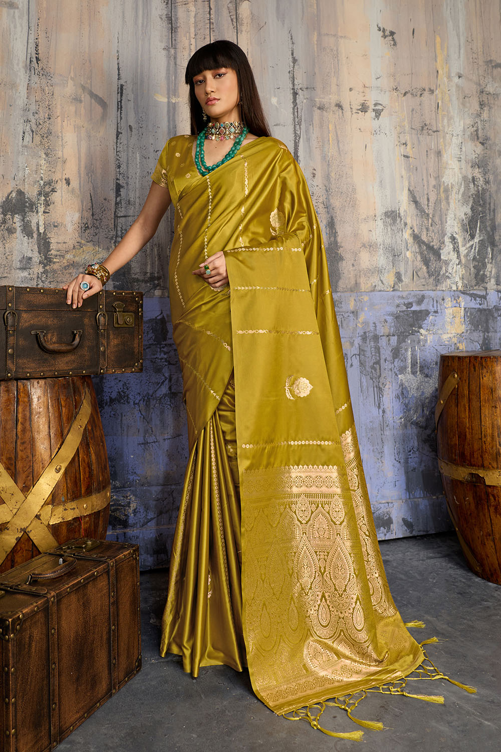 Iskra Mustard Yellow Pure Satin Handloom Weaving Ready to Wear Saree
