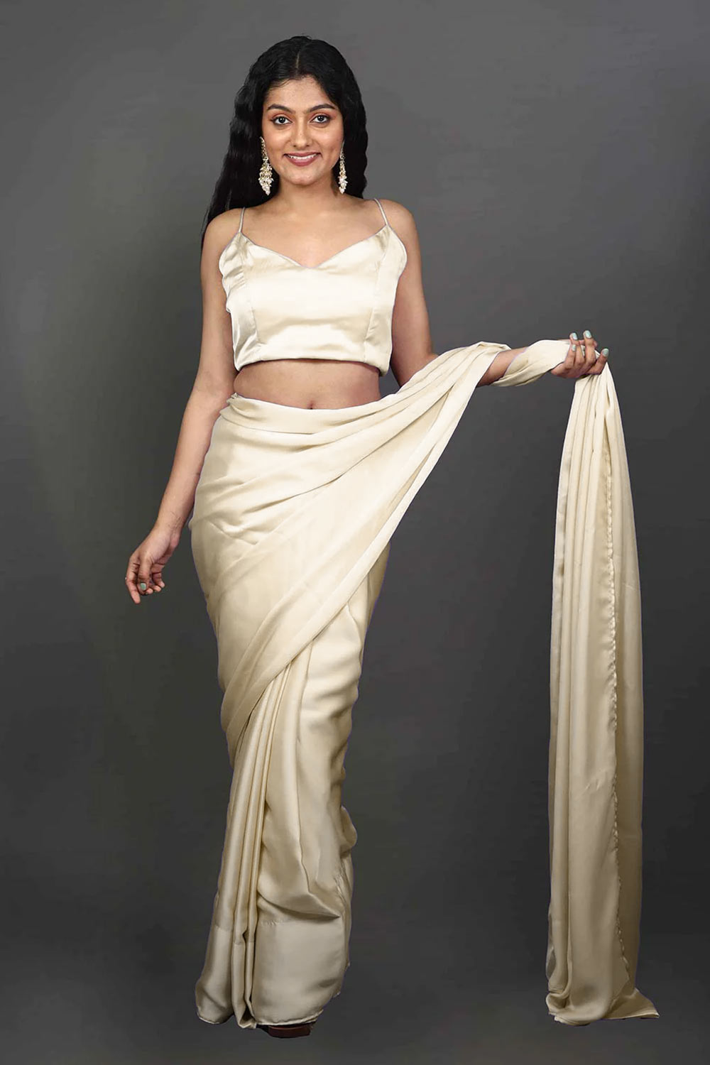 Tia Cream Satin Solid Ready to Wear One Minute Saree