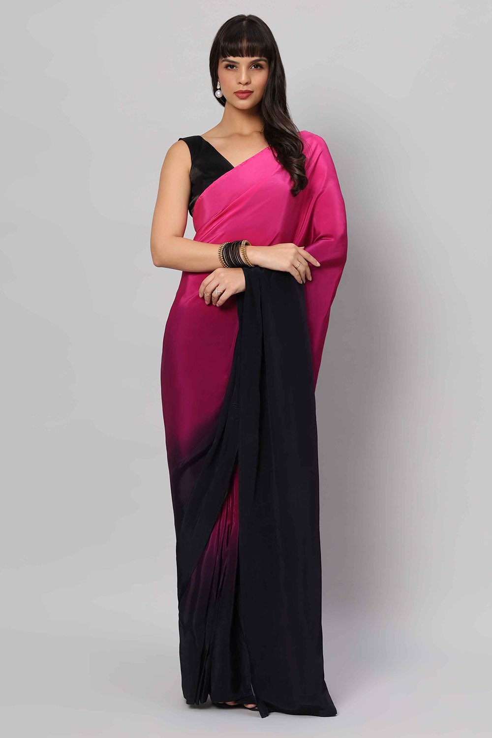 Alia Pink & Dark Grey Ombre Crepe Ready2Ship One Minute Saree