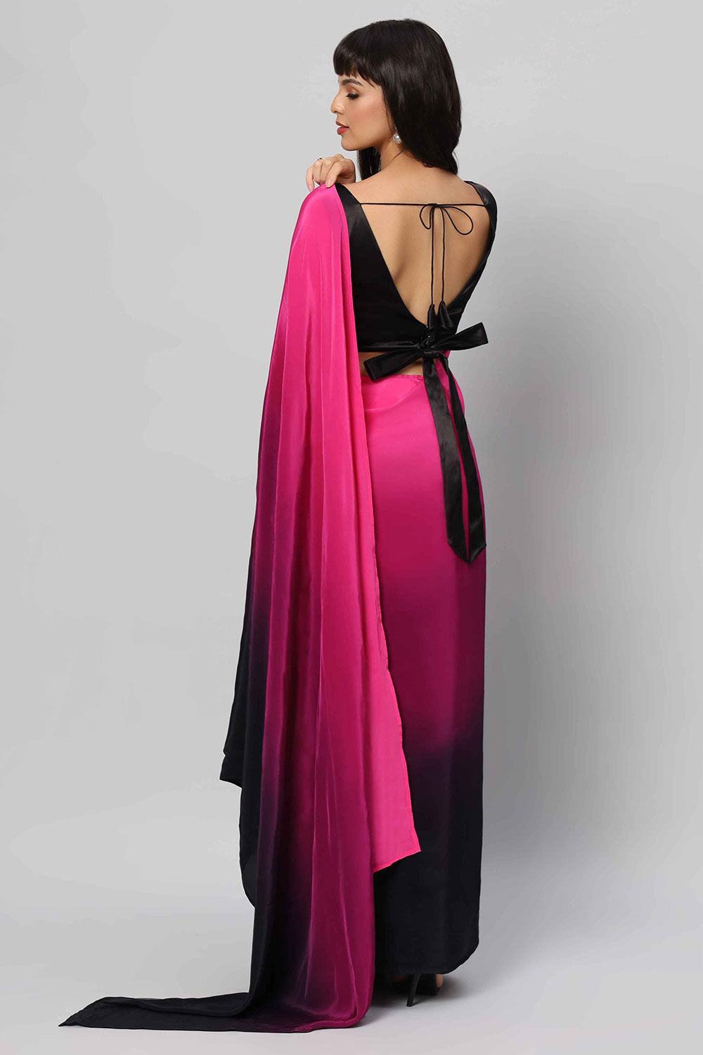 Alia Pink & Dark Grey Ombre Crepe Ready to Ship One Minute Saree