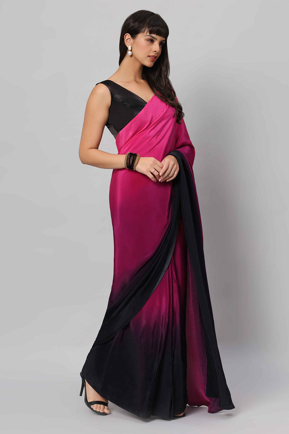 Alia Pink & Dark Grey Ombre Crepe Ready to Ship One Minute Saree