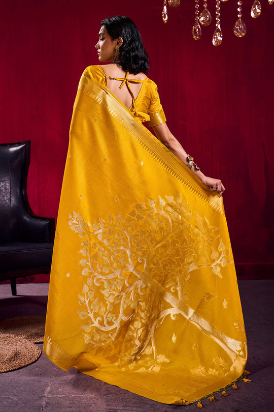 Nargis Mustard Yellow Satin Linen Handloom Weaving Silk Ready to Wear One Minute Saree