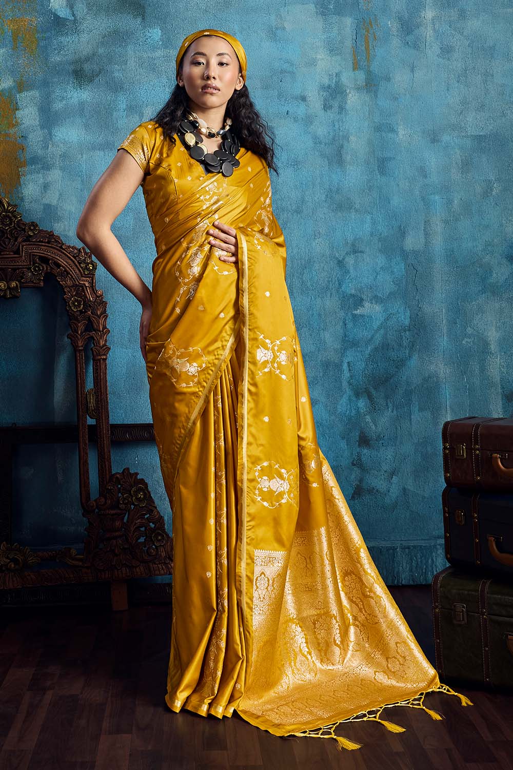 Ghazal Mustard Yellow Pure Satin Handloom Weaving Ready to Wear Saree