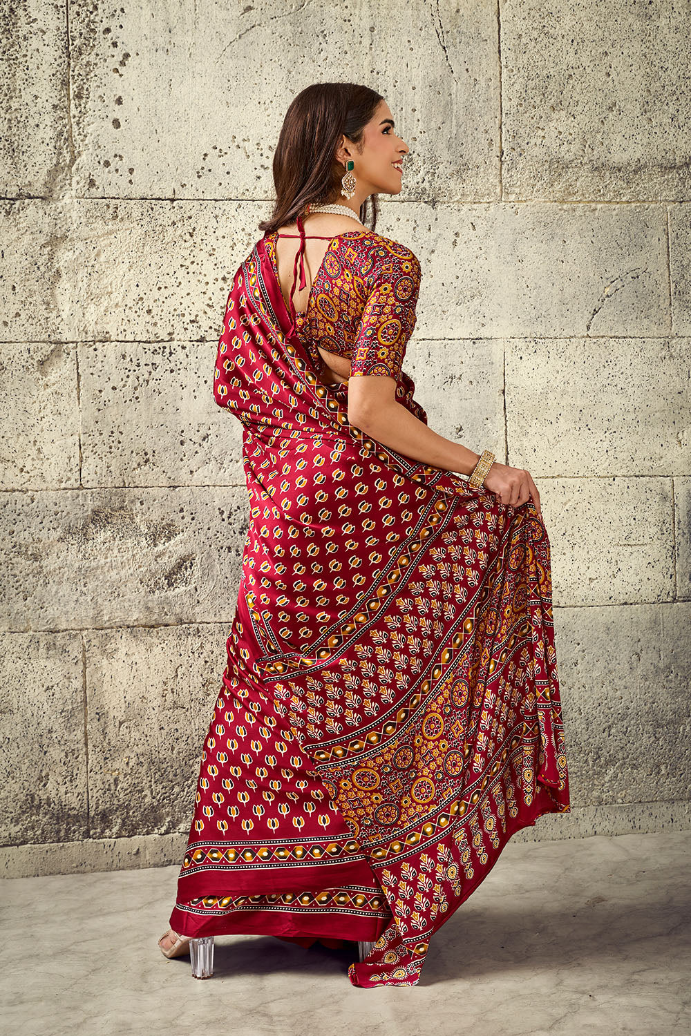 Karishma Red Modal Satin Ajrakh Print Ready to Wear Saree