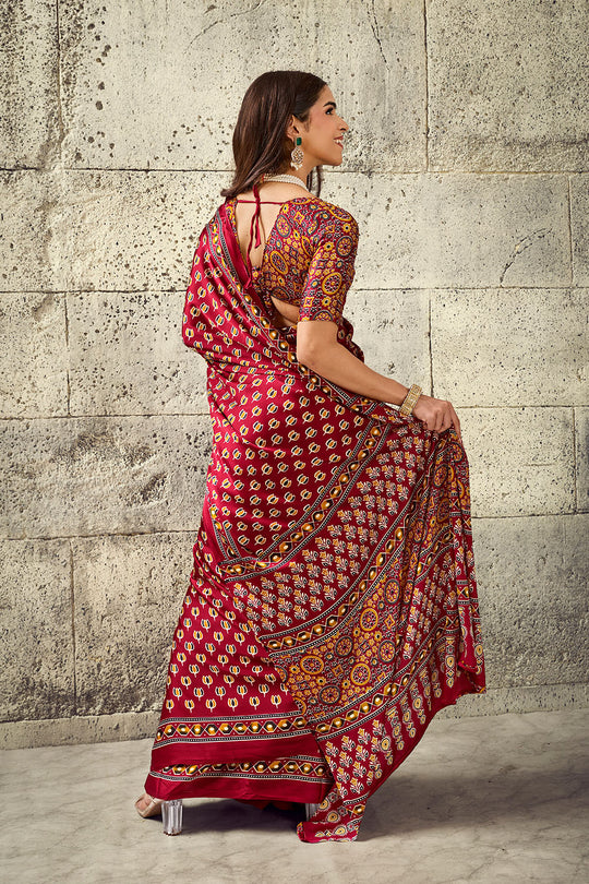 Karishma Red Modal Satin Ajrakh Print Ready to Wear Saree