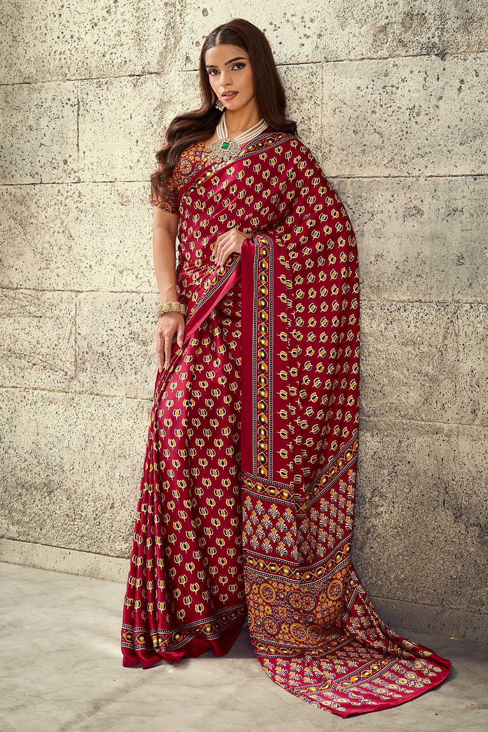 Karishma Red Modal Satin Ajrakh Print Ready to Wear Saree