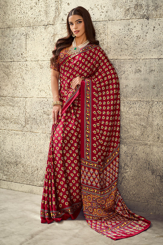 Karishma Red Modal Satin Ajrakh Print Ready to Wear Saree