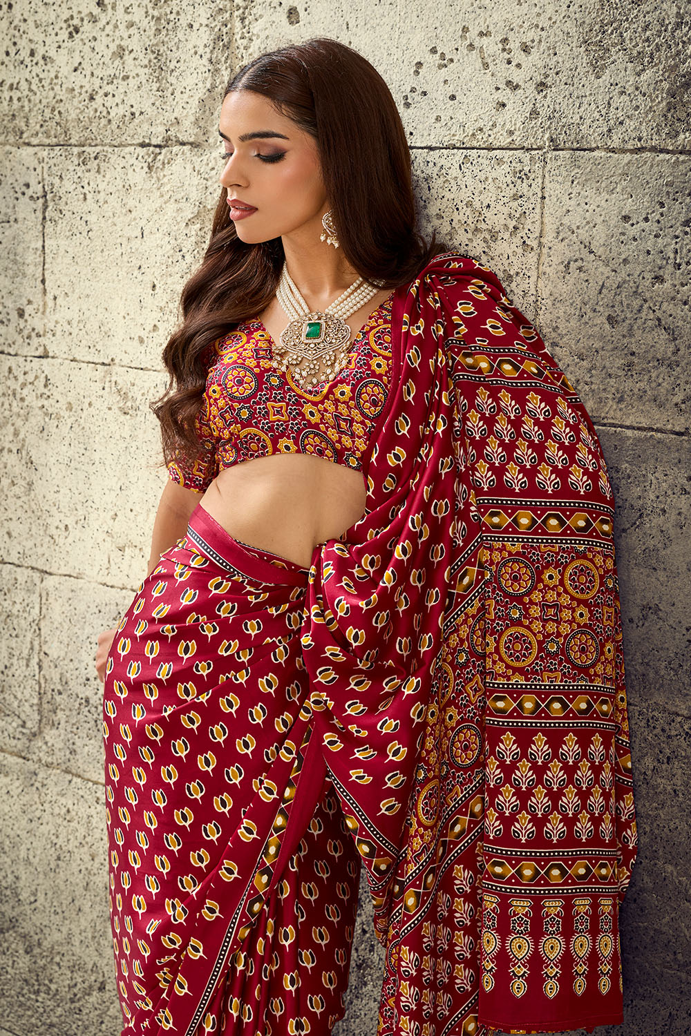Karishma Red Modal Satin Ajrakh Print Ready to Wear Saree