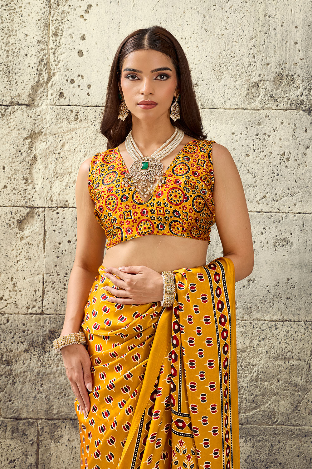 Karishma Mustard Yellow Modal Satin Ajrakh Print Ready to Wear Saree