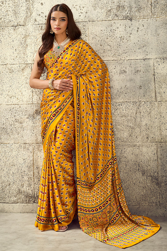 Karishma Mustard Yellow Modal Satin Ajrakh Print Ready to Wear Saree