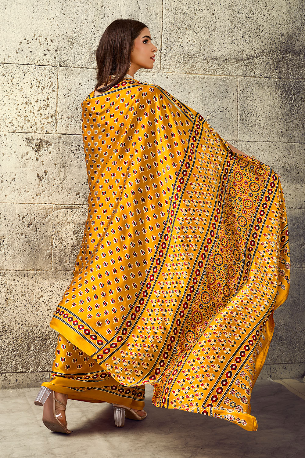 Karishma Mustard Yellow Modal Satin Ajrakh Print Ready to Wear Saree